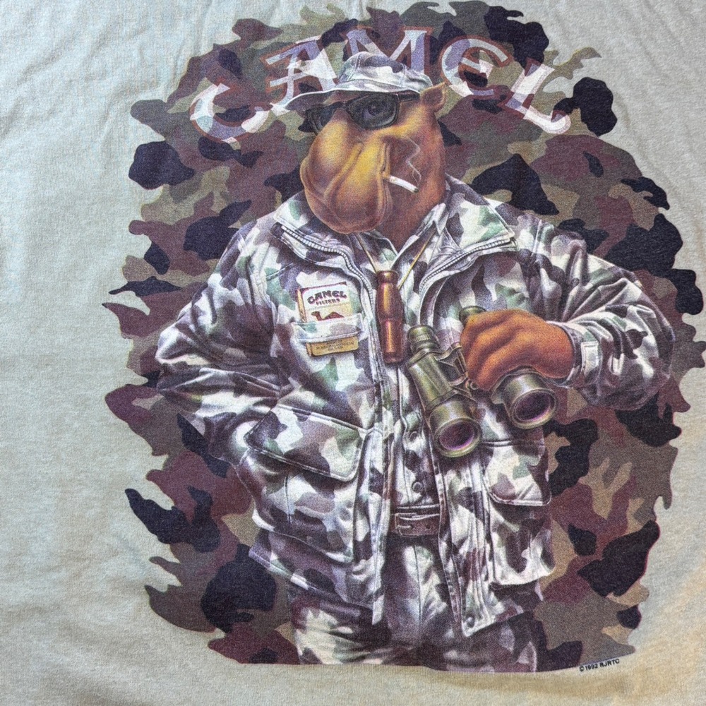 Vintage 1992 Camel Joe Camel Hunter T Shirt Mens XL Camo Pocket USA Made - Picture 12 of 13